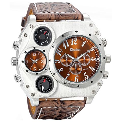 Avaner Mens Big Face Watch, Dual Time Zone Leather Strap Sport Watch, Analog Quartz Wrist Watch with Decorative Compass Thermometer Dial Cover