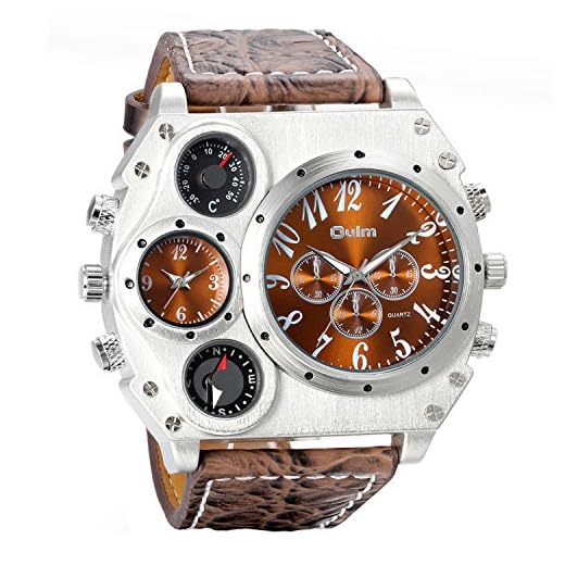 Avaner Mens Big Face Watch, Dual Time Zone Leather Strap Sport Watch, Analog Quartz Wrist Watch with Decorative Compass Thermometer Dial