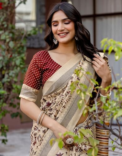 Image of SIRIL Women's Cotton Printed Saree with Unstitched Blouse Piece