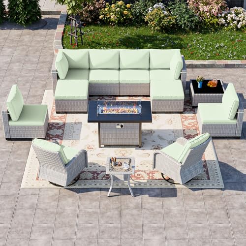 Image of 13-Piece Patio Furniture Set, Outdoor Patio Furniture with Swivel Chairs Set, Ottomans, 55,000 BTU Fire Pit Table, Modular Patio Sofa, Dual-Strand Rattan, Rust-Resistant Frame, Light Green