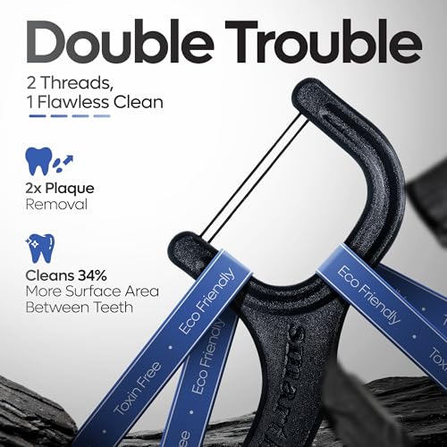 Image of SmartLifeco Eco-Friendly Dual-Thread Dental Floss Picks (200ct) - Flossers Made with Straw Wheat Blend, Natural Teeth Whitening, Tooth Pick Stick for Adults, Activated Bamboo Charcoal Floss Thread