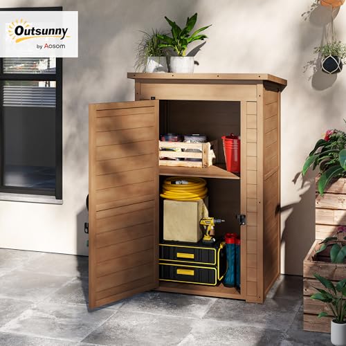 Outsunny Armadio Da Esterno Con Ripiano Regolabile E Tetto Inclinato, Armadio Da Giardino In Legno Con Catenaccio, 75X56X117Cm, Marrone - 2