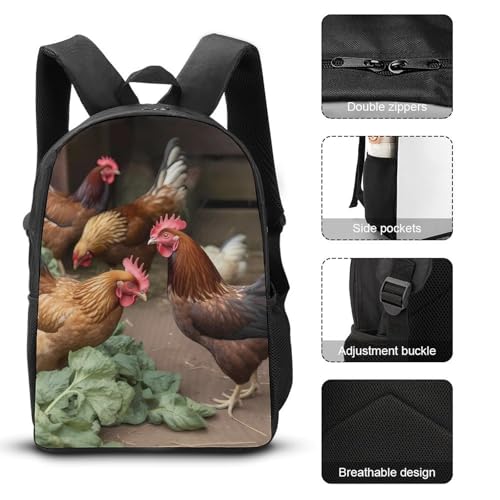 3 Piece Backpack for Women Men Lightweight Causal Daypack Shoulder Bag Set with Insulated Lunch Bag And Pencil Case Organizers Farm Chickens3