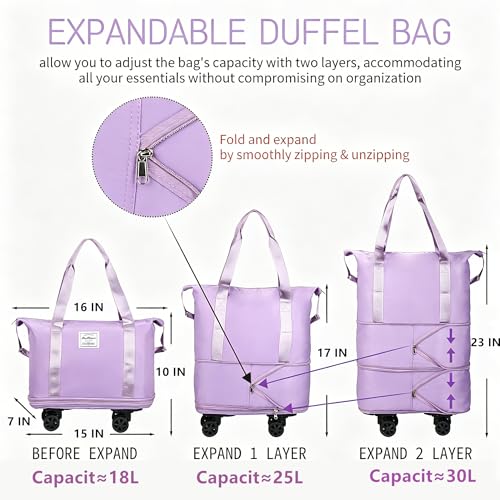 Image of VOOWO Rolling Duffle Bag with Wheels, Expandable Foldable Duffle Bag for Travel, Large Weekend Bag, Purple