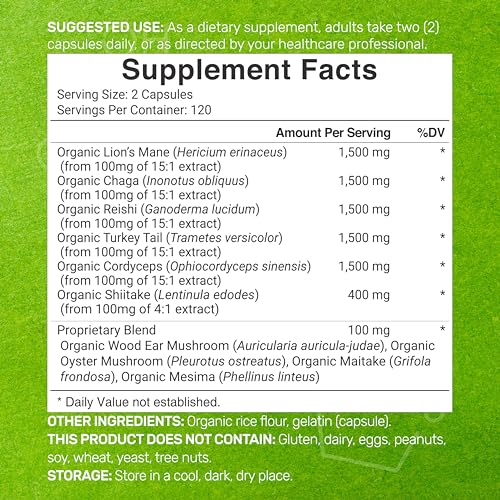 Organic Mushroom Supplement, 8,000mg Per Serving, 240 Capsules – 10 in 1 Defense Formula – Turkey Tail, Lions Mane, Cordyceps, Chaga, & More – Immune, Energy, & Brain Support – Non-GMO - Image 3