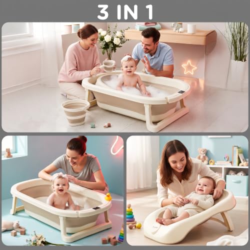 Image of Baybee Aquabee Baby Bath Tub Set for Kids | Portable Bathing Tub with Temperature Sensing | Foldable Bucket & Mug | Bath Seat Chair | Multi-Purpose Bathtub for Baby Bather for 0 to 5 Years (Beige)