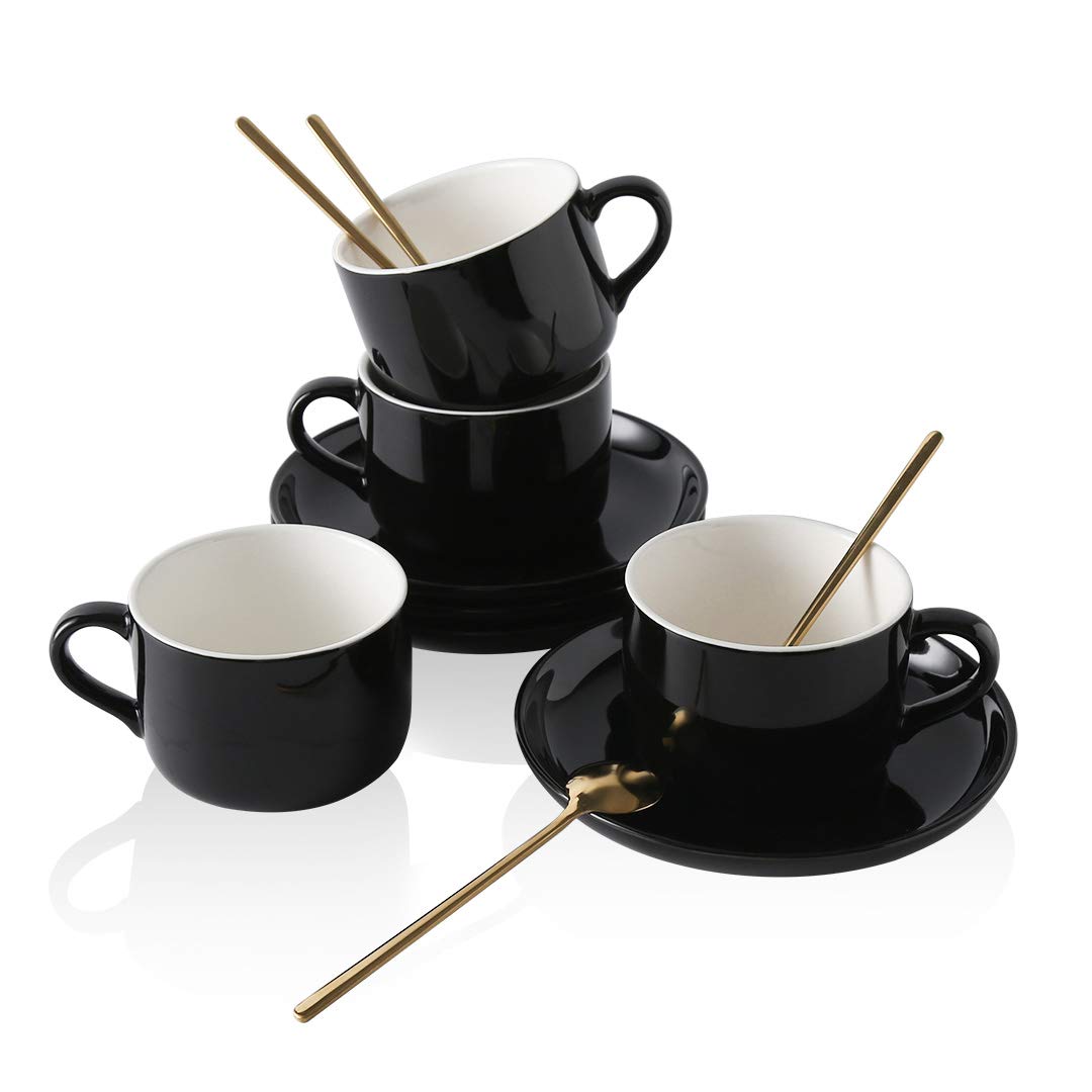 CHILDIKE Porcelain Coffee Cups and Saucers Set of 4 Black, 8 Ounce Coffee Cup for Cappuccino, Latte, Cafe Mocha, Tea Party, Espresso