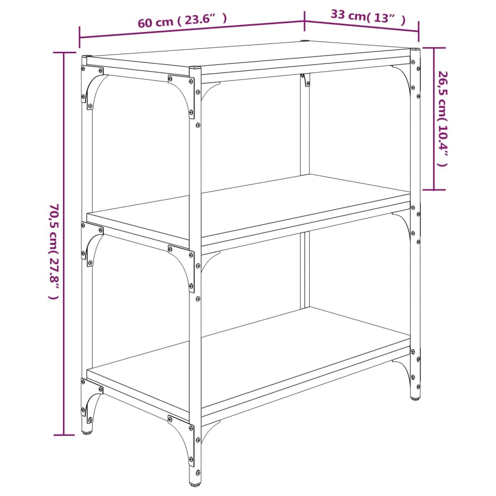 Bücherregal Grau Sonoma aus Holzwerkstoff und Stahl 60x33x70,5 cm mit 3 Ablagen Stauraum und Ablagefläche als Regal für Wohnzimmer, Büro, Schlafzimmer, modernes Regalsystem