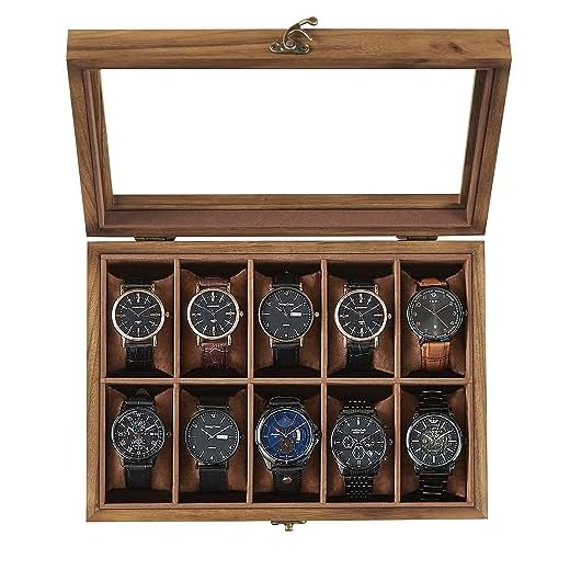 SONGMICS Watch Box, Christmas Gifts, 10-Slot Watch Case, Solid Wood Watch Box Organizer with Large Glass Lid, Watch Display Case with Removable Pillows, Gift for Loved Ones, Rustic Walnut UJOW100K01