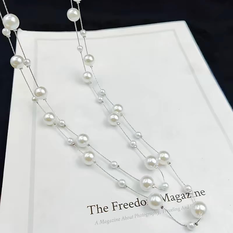 Pearl Layered Strand Necklaces for Women Dainty Fashion Long Imitation Pearls Beads Multiple Strands Chain Layer Choker Necklace Elegant Statement Charm Winter Sweater Vintage Wedding Party Costume Jewelry Gifts3