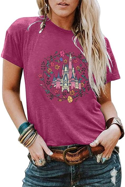 Magical Kingdom Shirts for Women Princess Castle Short Sleeve Vintage Floral Graphic Tee Vacation Tops - Image 5