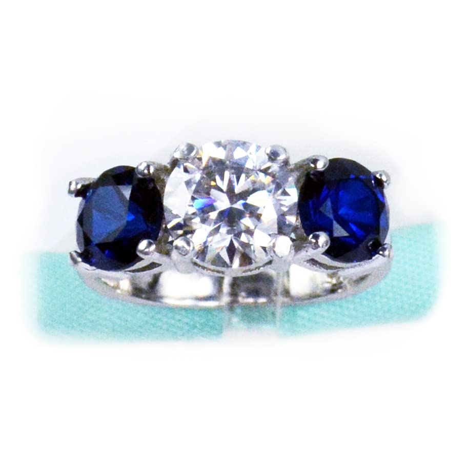 Three Stone 2Carat 8MM White Moissanite Diamond Blue Sapphire Side stones Engagement Ring (6.5)