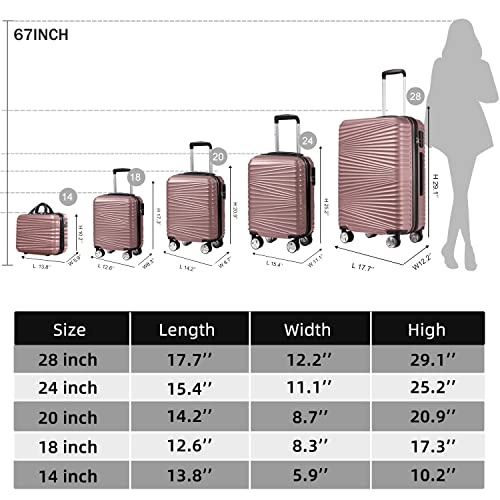 Leaves King Luggage 5 Piece Sets, Hard Shell Luggage Set Expandable Carry On Luggage Suitcase With Spinner Wheels Durable Lightweight Travel Set For Men Women(14/18/20/24/28, Pink) #TOP5