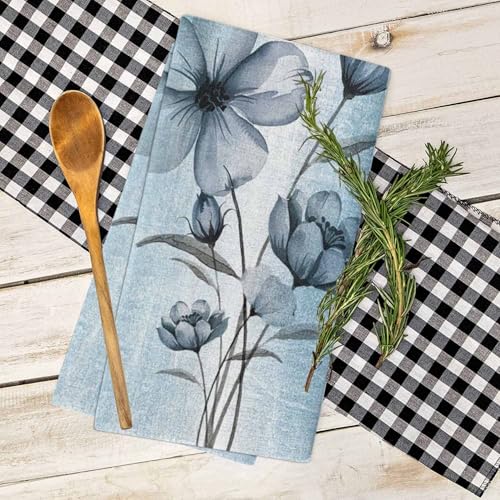Image of Spring Floral Kitchen Towels, Blue Ombre 18x28 Inch Soft Kitchen Dish Cloth, Retro Flowers Home Decor Cotton Linen Tea Towels /Bar Towels /Hand Towels 4 PCS