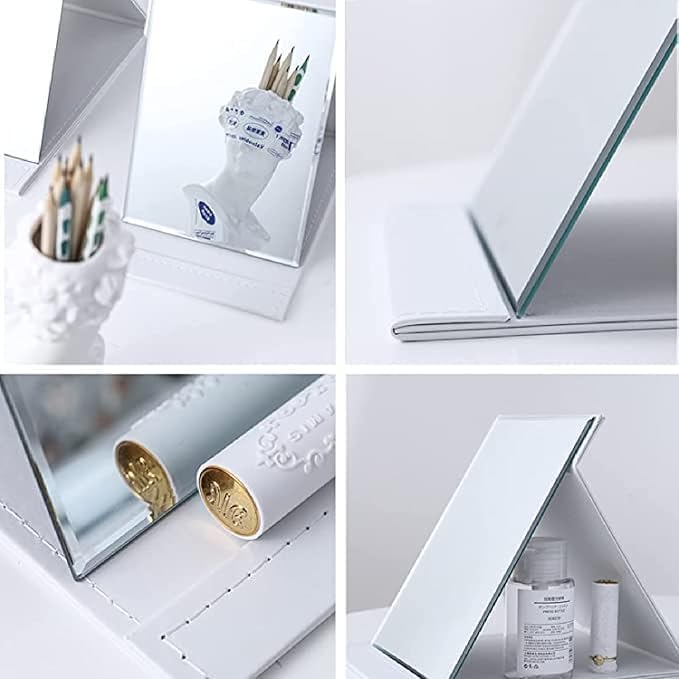 Image of Folding Portable Makeup Mirror with Adjustable Stand | HD Frameless Beveled Design | Travel-Friendly PU Leather Vanity Mirror for Desk, Dresser & Bathroom,Rectangular (White Square Edge Mirror)