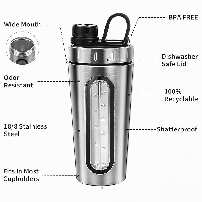 Image of Shaker Bottles for Protein Mixes 28 oz Stainless Steel Protein Shaker with Mixing Ball, Not Stays Cold /Hot, Visible Window Metal Shaker Cups, Leakproof, BPA Free Bottle Shaker 950 ml