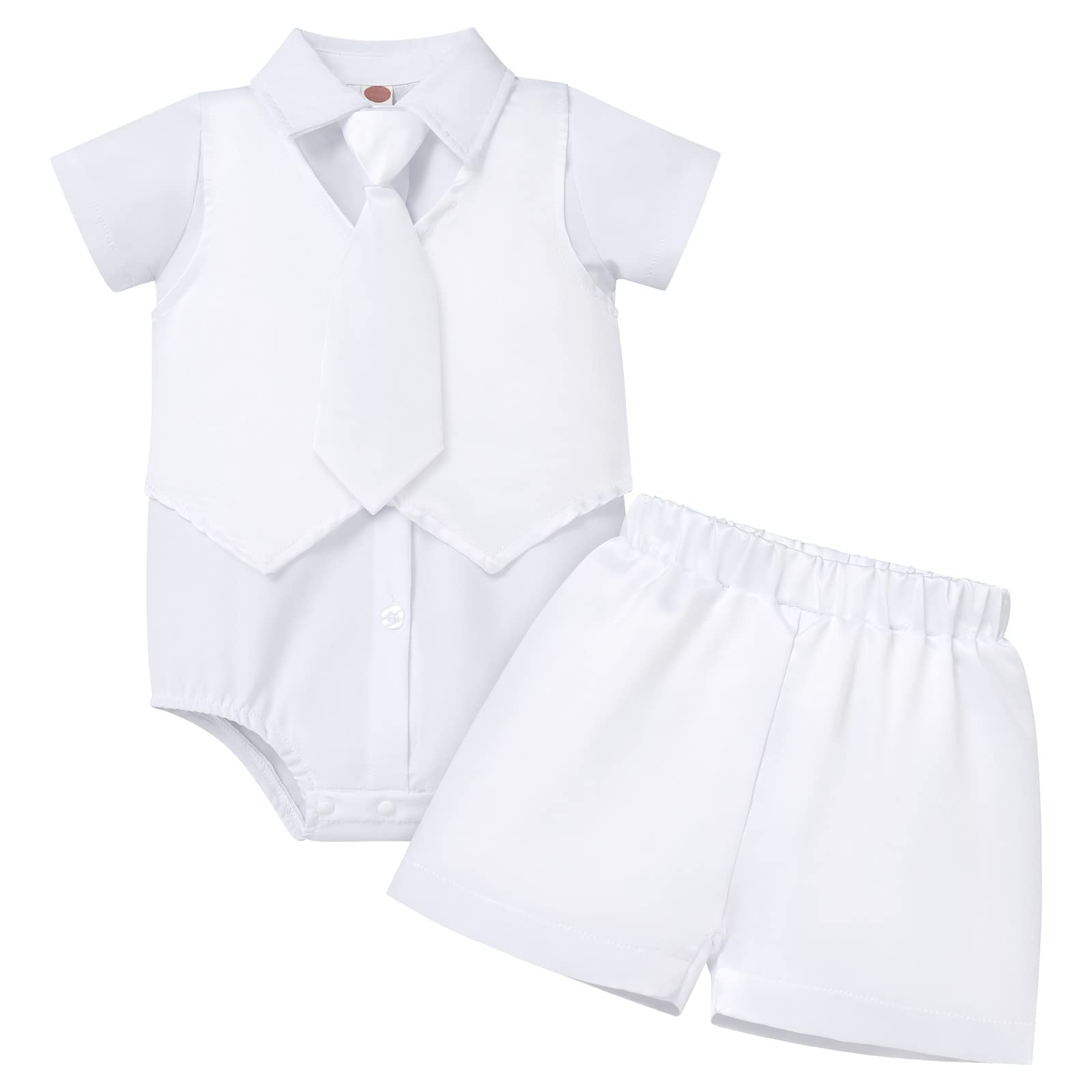 Summer Baptism Outfits for Boys Baby Christening Outfit Gentleman Suit Dedication White Dress Shirt Romper Necktie Waistcoat Shorts Toddler Baptismal Clothing Wedding Tuxedo Formal Easter 12-18 Months