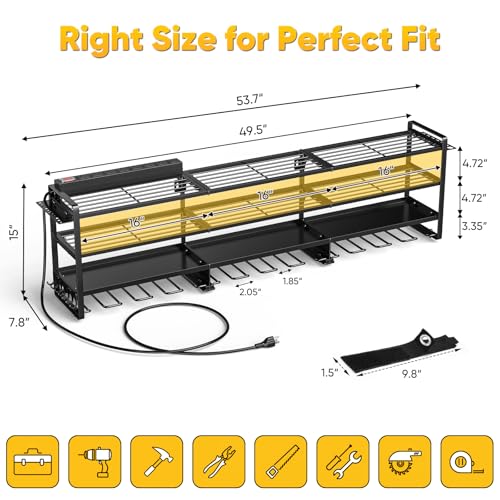 POKIPO 49.5\" W Large Power Tool Organizer Wall Mount with Charging Station, 4 Tier Heavy Duty 12 Cordless Drills Holder Load 800 lb, Tool Battery Storage Rack Built in 8 Outlet Power Strip for Garage