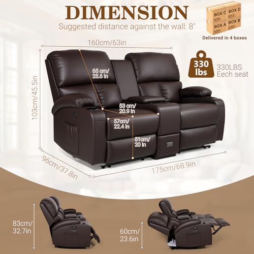 Image of CHABATREE Home Theater Seating,RV Recliner Sofa with Massage and Heat,Manual RV Recliner Loveseat with USB /Cup Holders and Side Pocket for Living Room,Loveseat Brown