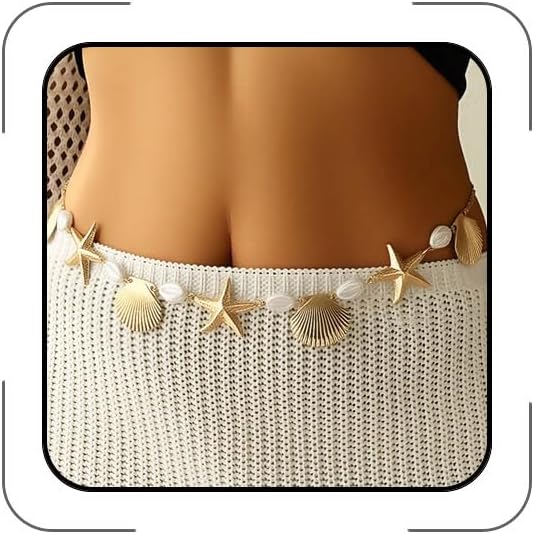 Gold Starfish Seashell Waist Chain Belt for Women Boho Mermaids Starfish Shell Pearl Belly Chains Bikini Body Chain Summer Vacation Beach Jewelry Mermaid Jewelry Accessories