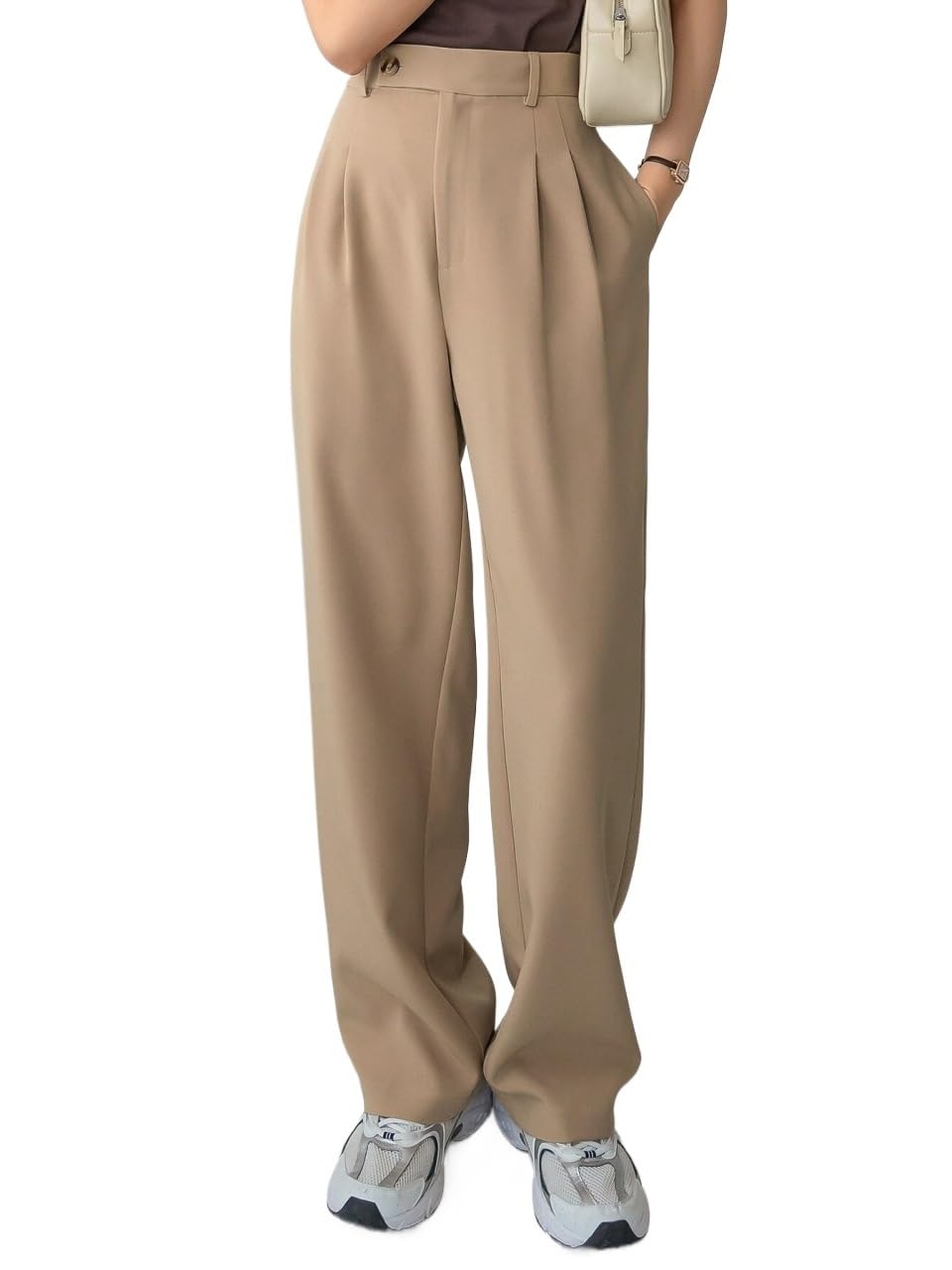 EFJONE Trousers Pants for Women Fall Trendy High Waist Plicated Detail Straight Leg Pants Fashion Suit Pants