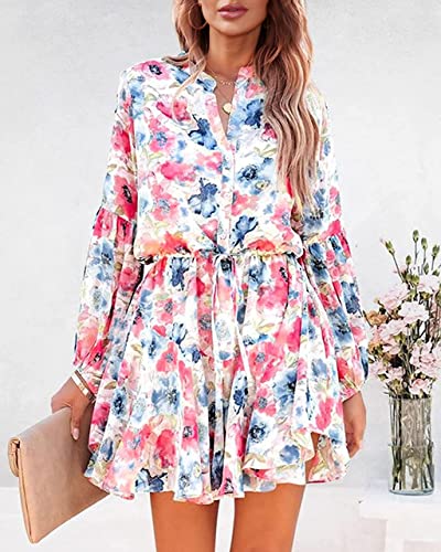 Womens 2023 Spring Summer Boho Long Sleeve Flowy Dresses Floral Button Down Lantern Sleeve Tie Waist Ruffle Swing Mini Dress White #TOP4