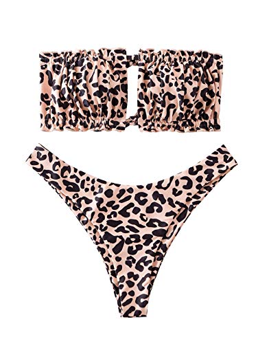 ZAFUL Women's Smocked Bandeau Bikini Swimsuit Leopard Frilled Tie Two Piece Bikini Set Swimwear