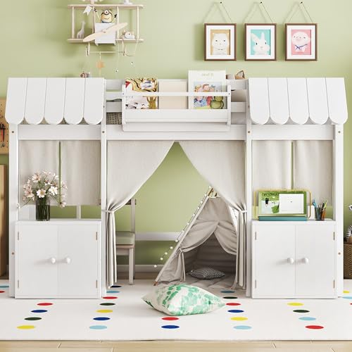 Image of Bekeknlny Twin Loft Bed with Built-in Bookshelf, Curtain, Storage Shelf and Amusement Park-Inspired Playful Design Safety Guardrails, Fairy Tale Cottage Kids Bed (White6, Twin)