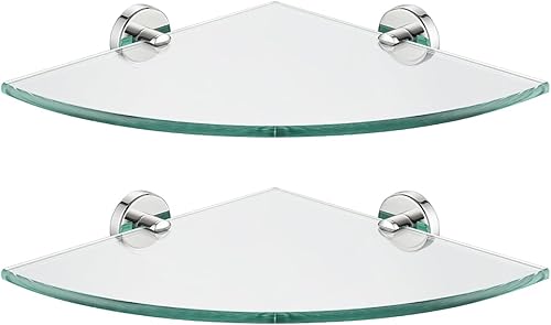 JQK Estante esquinero de cristal, cromado pulido, estante flotante de pared de acero inoxidable 304, cristal templado 10 x 10, paquete de 2,