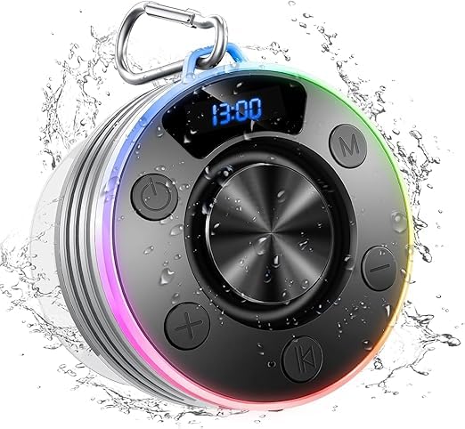 Image of Shower Bluetooth Speaker, IPX7 Waterproof Portable Bluetooth 5.4 Speakers with Suction Cup, Hook, Digital Time Display, RGB Light, Built-in Mic for Bathroom Party Beach Outdoor Gifts