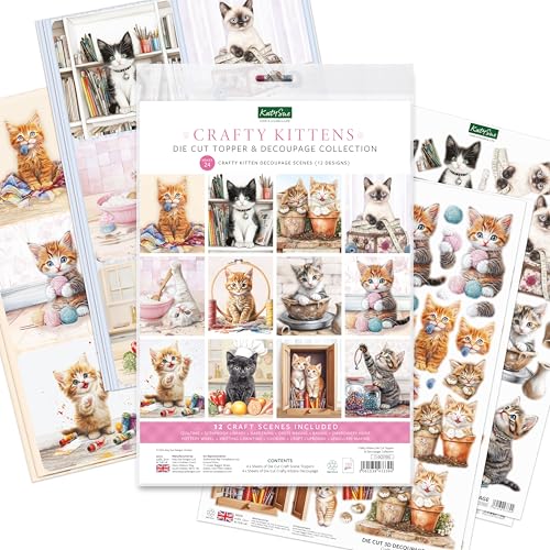 Katy Sue Topper e coleção de decoupage Crafty Kittens. 4 folhas de topo de cartão com tema de gatinh