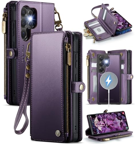 Defencase for Samsung Galaxy S23 Ultra Magnetic Wallet Case Compatible with Magsafe with RFID Blocking Zipper & Card Holder Women PU Leather Detachable Phone Case for Galaxy S23 Ultra 6.8 Purple
