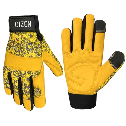 OIZEN Dornenfeste & Durchstichfeste Gartenhandschuhe aus Rindsleder für Damen und Herren, Touchscreen-kompatible Arbeitshandschuhe für Unkrautjäten, Graben, Pflanzen, Gartengeschenke (Sonnenblume, L)