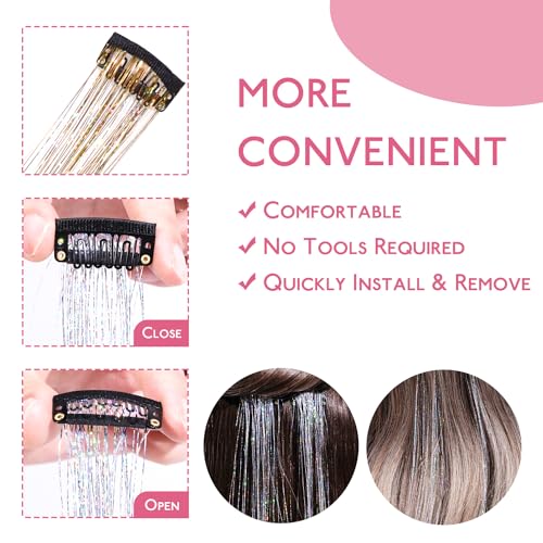 Image of WENNALIFE Hair Tinsel Clip In for Girls Gold, 6pcs 24 inch Clips Tinsel Hair Extensions Clip in Colorful Glitter Clips Sparkle Fairy for Kids