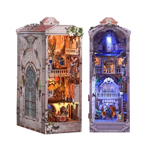 Image of Tonecheer DIY Book Nook Kit for Adults, Double-Sided Booknook Wooden 3D Puzzle Bookend Miniature House Kit, Fantasy Bookshelf Decor with Dust Cover and LED Light for Birthday Gifts (Monster Carnival)