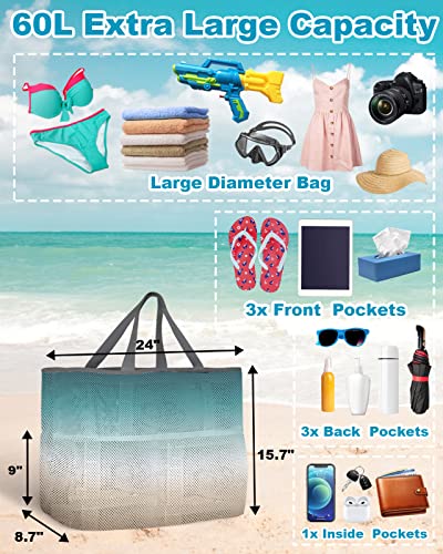 Teal Beige Ombre Cream Beach Tote Bag for Women, Modern Turquoise Abstract Art Aesthetics Mesh Beach Bags Waterproof, Outdoor Picnic Swim Pool Handbag - Large Beach Bag with Zipper and Pockets3
