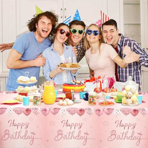 Image of WNINK 2 Pack Pink & Rose Gold Happy Birthday Tablecloths, Disposable Plastic Rectangular Table Covers for 6th 21st 30th 40th 50th Women Girls Birthday Party 54 x 108 Inches