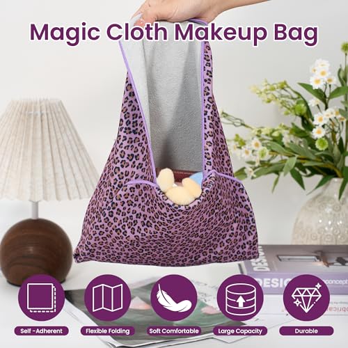 Image of Self-Adhesive Magic Cloth Portable lazy Makeup Bag Cosmetic Pouch Widely Used for Camera Lens Wrap,Protective Cover Laptop Sleeve,Folding,Washable(17.7 inch X 17.7 inchPurple Leopard)