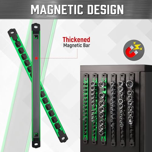 Image of ALOANES Magnetic Socket Organizer Set, 1 /4-Inch Drive Heavy Duty Aluminum Socket Rail Organizer, 360 Swivel Clips Socket Holder Kit for Toolbox Drawer Fit 1 /4-Inch x 14 Clips (Green, 1PC)
