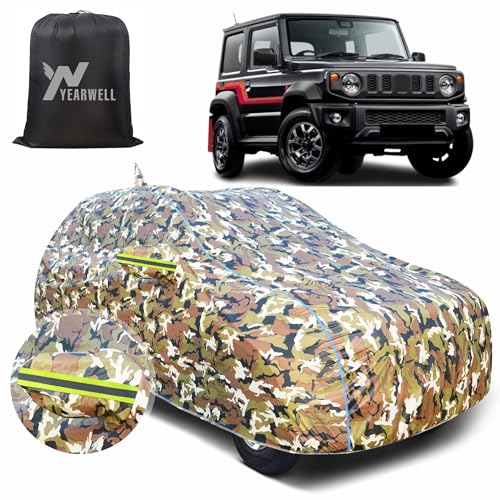 Image of Car Body Cover for Maruti Suzuki Jimny, 100% Waterproof, Heat-Resistant with Mirror & Antenna Pockets, Soft Cotton Lining, Triple Stitched, Green Reflector (Jungle Print)
