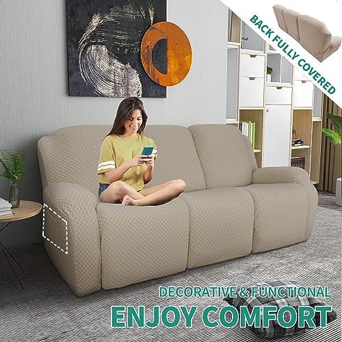 Image of YEMYHOM 8 Pieces Stretch Recliner Sofa Cover Jacquard Reclining Couch Cover with Side Pocket Anti-Slip Fitted 3 Cushion Furniture Slipcovers with Elastic Bottom (Sofa Recliner, Khaki)