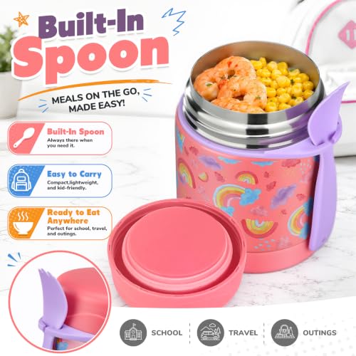 Image of 10oz Soup Thermo for Hot Food Kids,Lunch Thermo Kids Food Jar with Spoon Hot Insulated Food Containers,Leak Proof Stainless Steel Wide Mouth Lunch Thermo Jar for School(Pink-Rainbow)