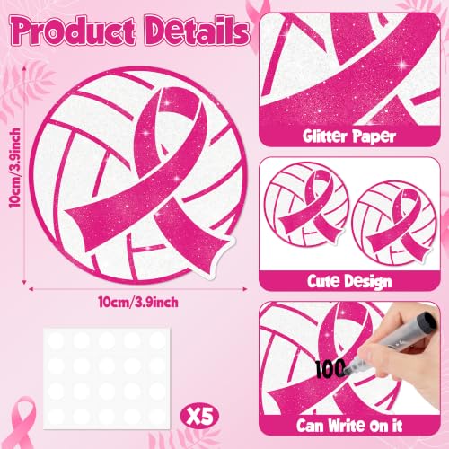 Image of Hot Pink Volleyball Glitter Cutout for Breast Cancer Awareness Party Favor | 100Pcs Glitter Pink Volleyball Cuts for Birthday Favor Sport Ball DIY Paper Cuts for Pink Out Party Bulletin Board Decor
