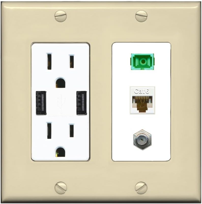RiteAV 1 Port Fiber Optic Jack SC Simplex APC + Cat6 + Coax Wall Plate - USB Charger Outlet [Black/Black]