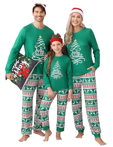 Clearlove Pijama de Navidad de dos piezas, conjunto de pijama largo de Navidad, traje de invierno, ropa de dormir para mujer, hombre y niños, Hombres Verde, S