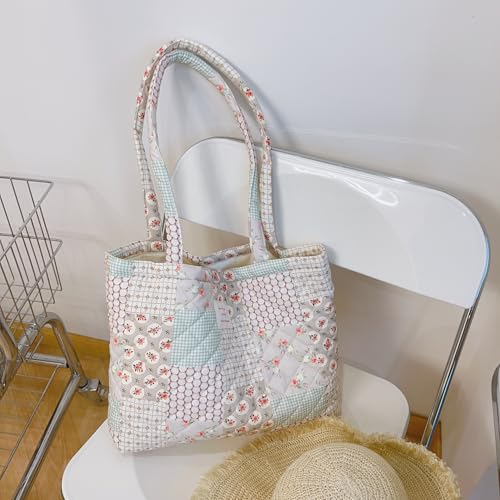 Image of Floral Quilted Cotton Shoulder Bag for Women Daily Use Medium Size Handbag Large Capacity Thickened Design Tote