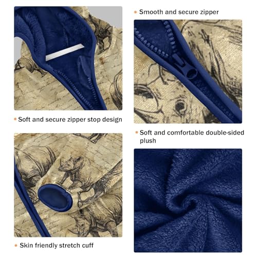 Retro Rhinoceros Pattern Toddler Fleece Jacket Girl Boys Hooded Fleece Jacket Coat Warm Outwear Zip-up 3-10T3