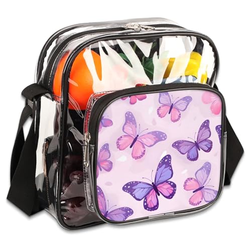 Clear Crossbody Bag Stadium Approved Butterfly Transparent Bag for Festivals, Sports Events, Concerts,Beach Bag for Women Men Purple Clear Purse with Front Pocket Messenger Bag with Adjustable Strap