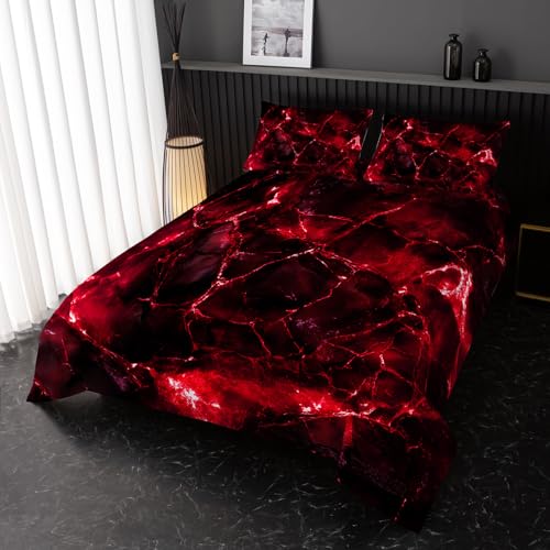 Image of Nttopship Red Comforter Set King Size,Red Marble Bedding Set 3 Pcs Bedding for Adults, Marble Room Decor with Comforter and 2 Pillowcases Soft and Lightweight B-Side Black