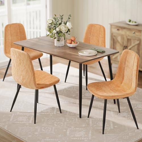 Image of VASAGLE Set of 4 Dining Chairs, Dining Room Kitchen Chairs, Metal Frame, Adjustable Feet, Easy to Clean, Chenille Fabric, Glacier-Textured Synthetic Leather, Caramel Brown UKDC187K01-2J